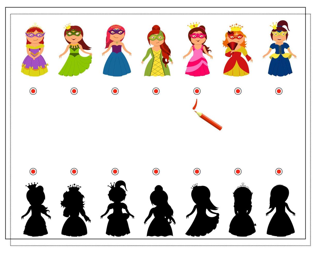 El juego de lógica infantil encuentra la sombra correcta. lindas princesas de dibujos animados con disfraces. vector