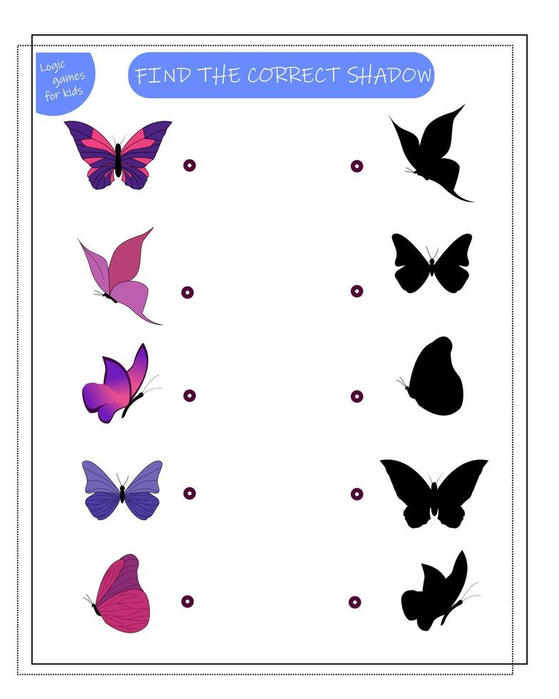 A puzzle game for kids, find the right shadow. pick a shadow for the butterflies vector