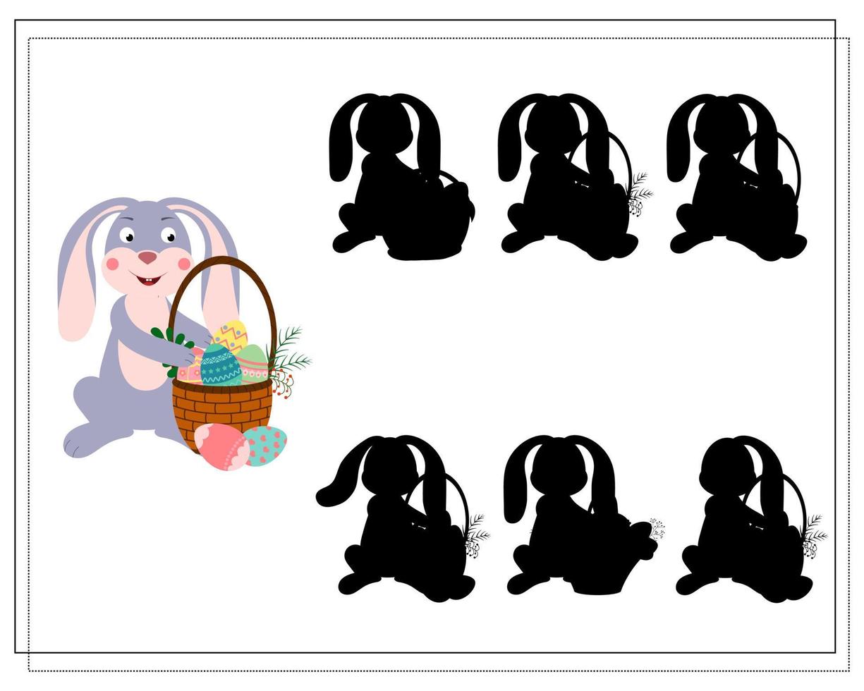 Children's logic game find the right shadow. A hare with a basket of Easter eggs. vector