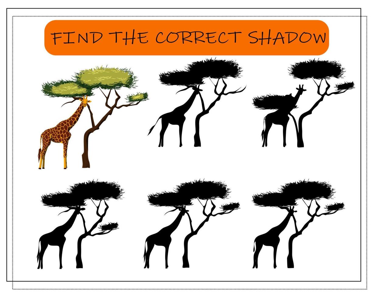 a game for children of preschool age. find the right shadow. giraffe in the savanna near a tree vector