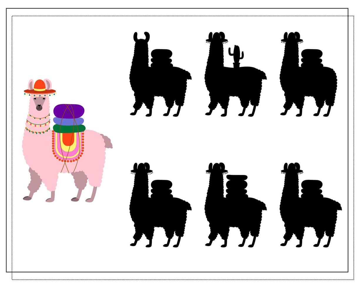 A logical game for children Find the right shadow . cute cartoon llama. vector