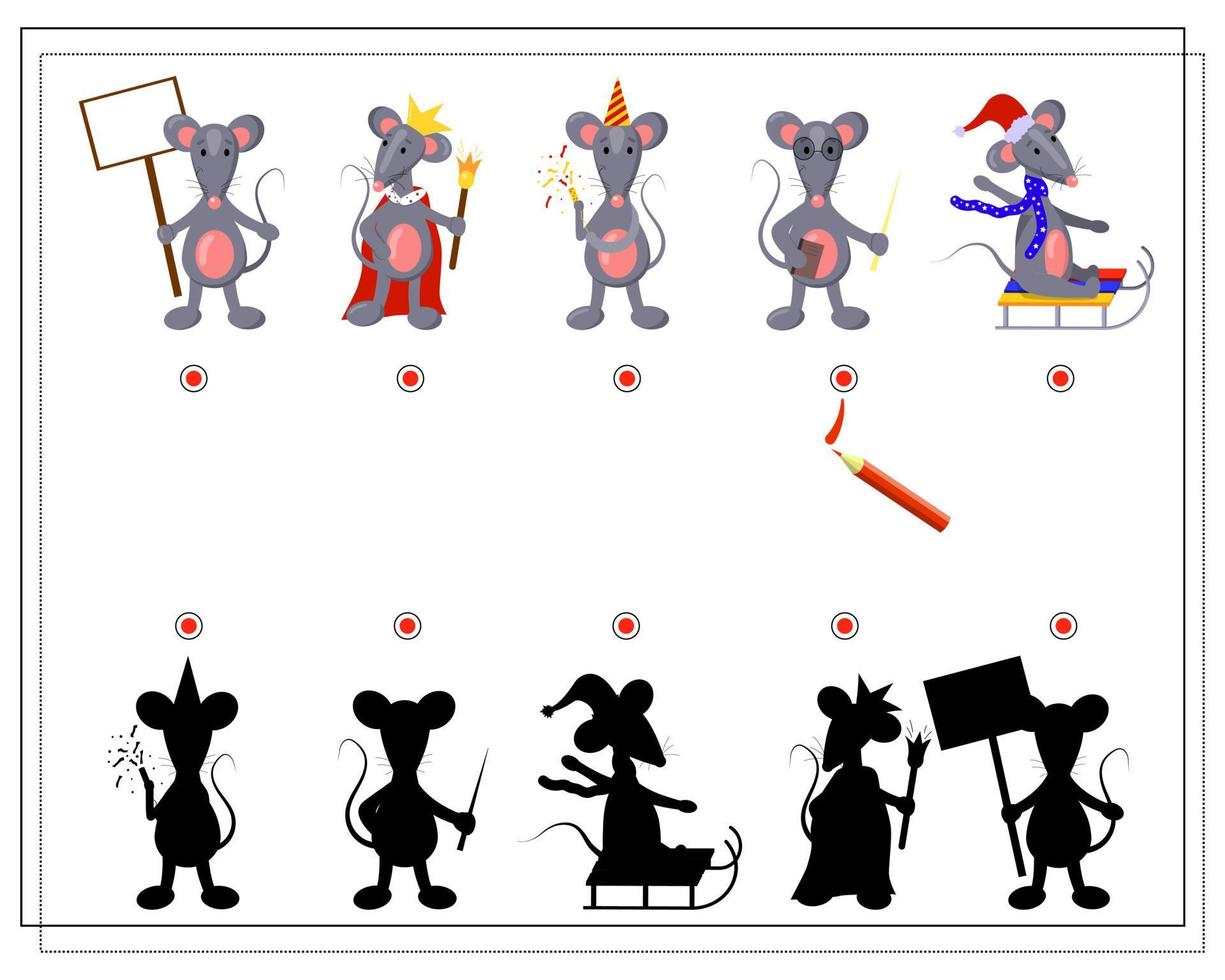 A puzzle game for children, find the right shadow for a cartoon rat. vector