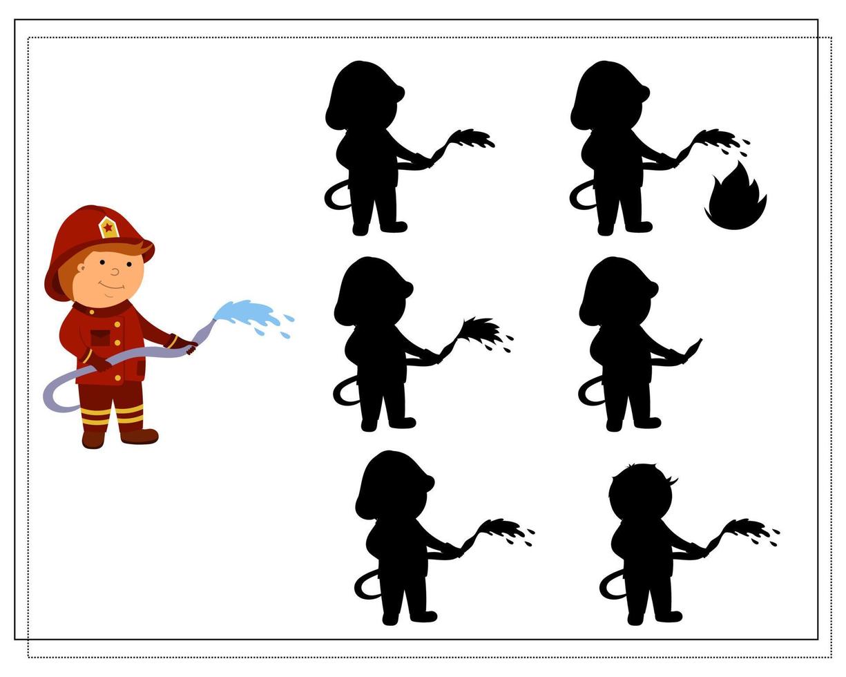 A logic game for kids find the right shadow, a firefighter extinguishes a fire. vector