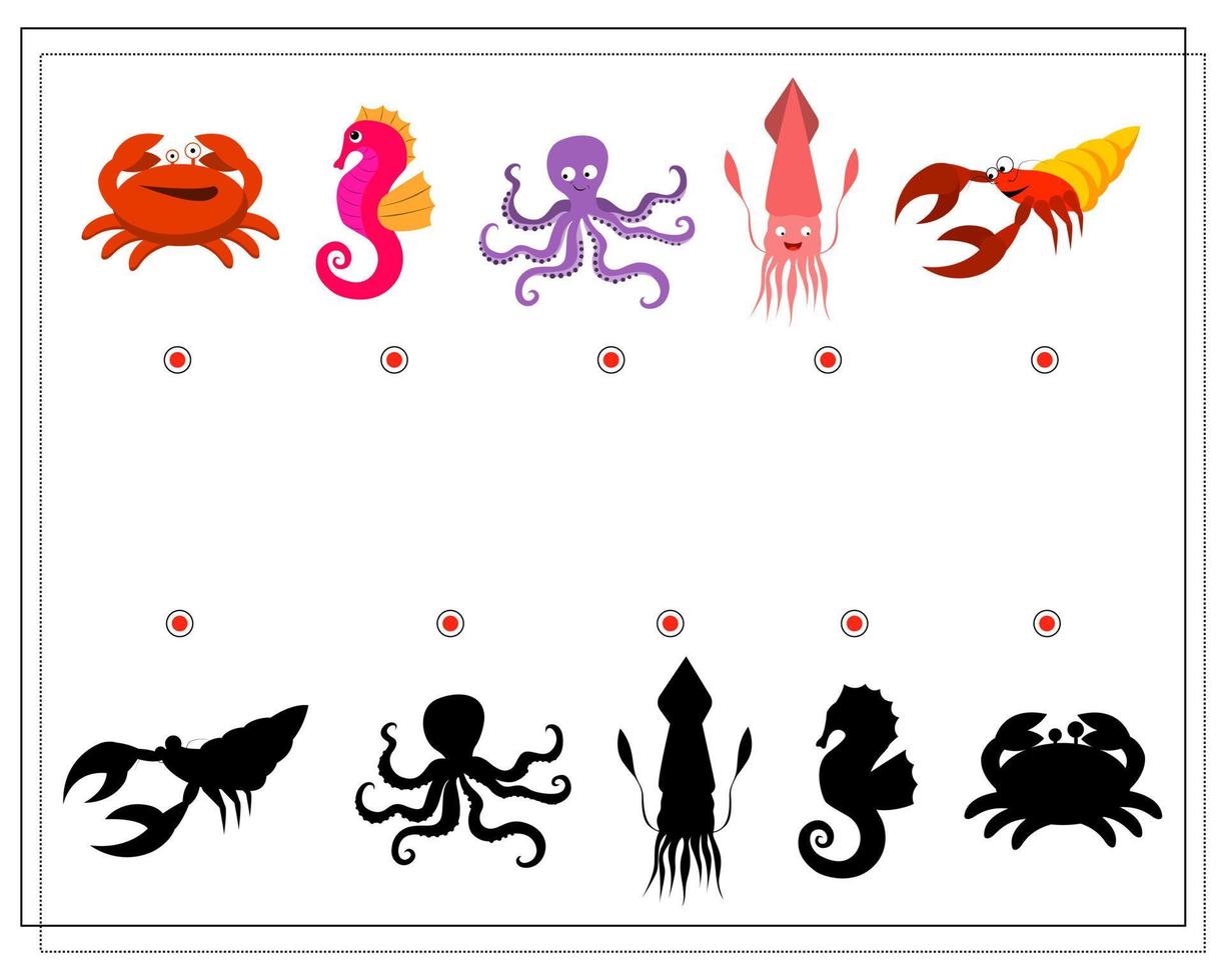 Puzzle game for kids find the right shadow. Pick up shadows for marine life crayfish crab octopus seahorse squid jellyfish vector