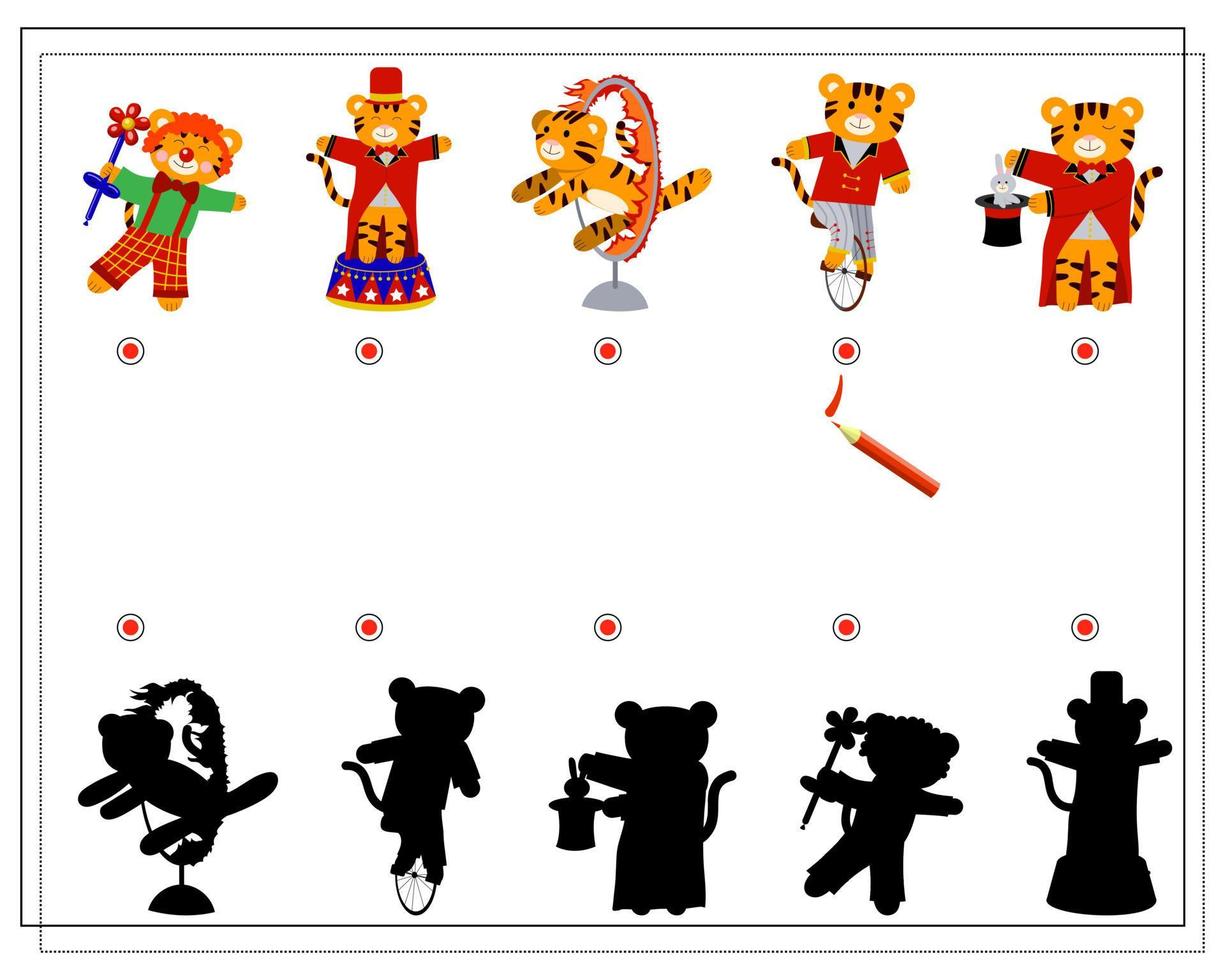 A logical game for children, find the right shadow. a tiger in a circus vector