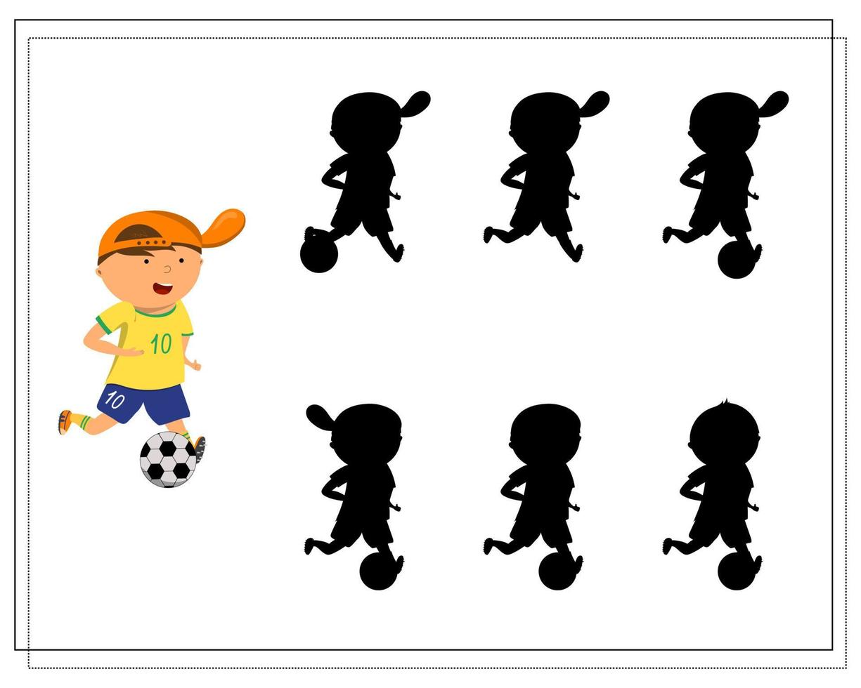 a logical game for children to find the right shadow. cartoon children play football and basketball vector