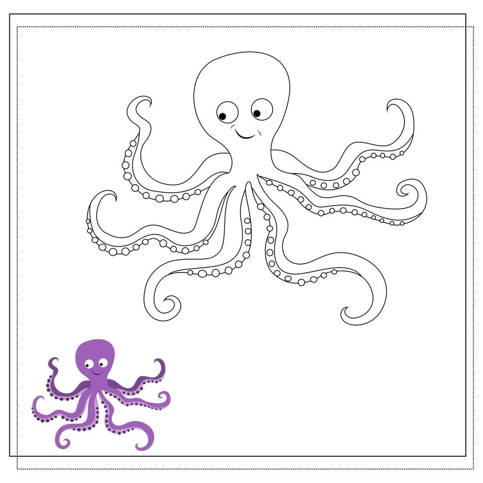 The page of the coloring book, octopus. Sketch and color version. vector