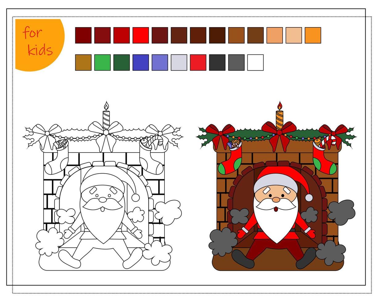a coloring book for children, a fireplace decorated for Christmas, and Santa fell out of the fireplace. vector