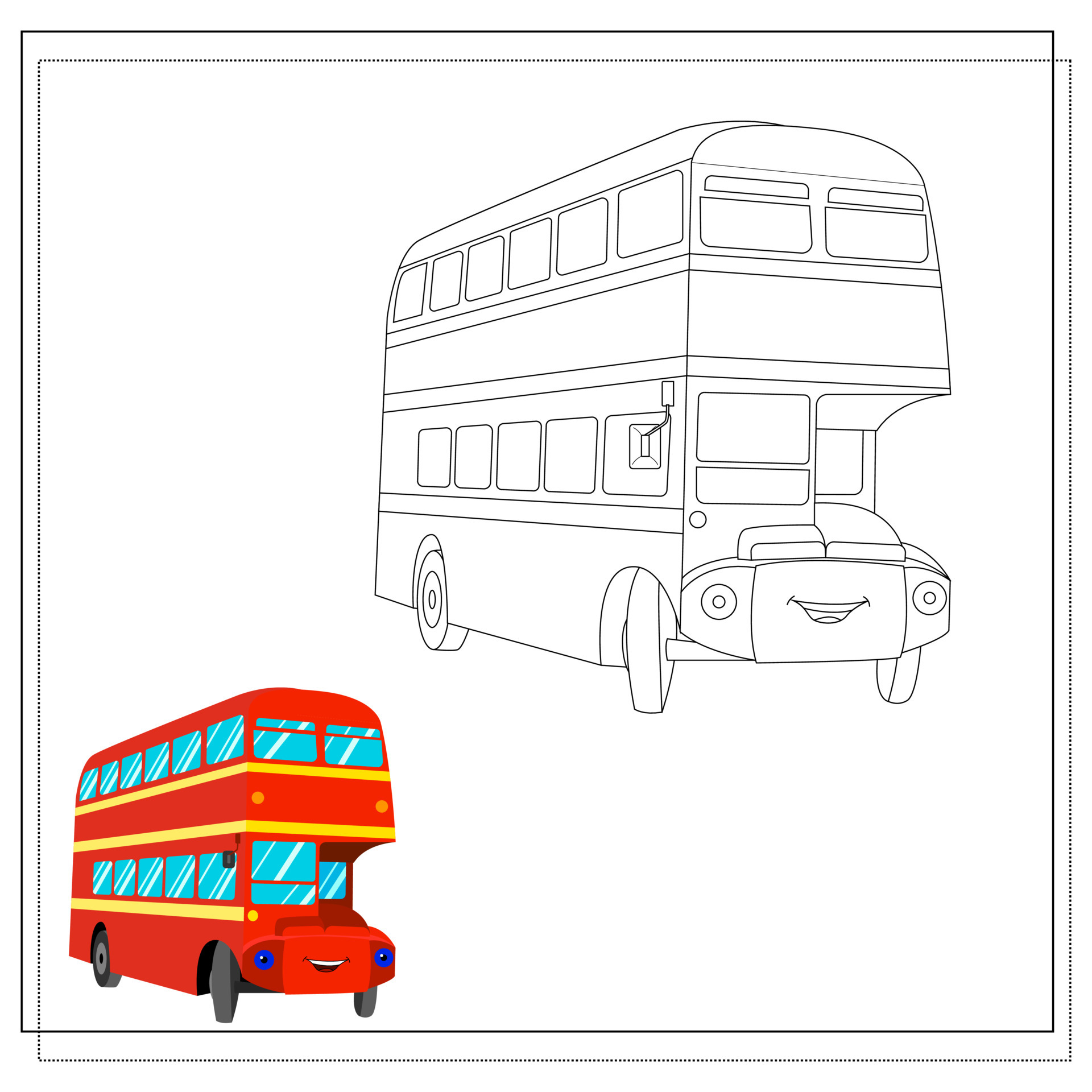 Sketch and color version. A cartoon double decker bus coloring
