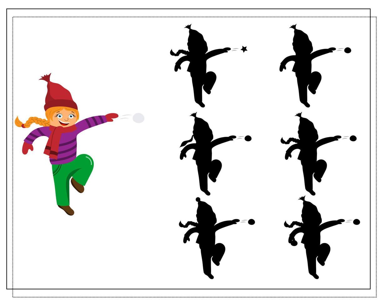 Puzzle game for kids find the right shadow, cute cartoon kids playing snowballs vector