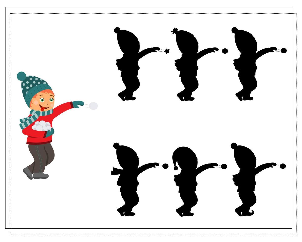 Puzzle game for kids find the right shadow, cute cartoon kids playing snowballs vector