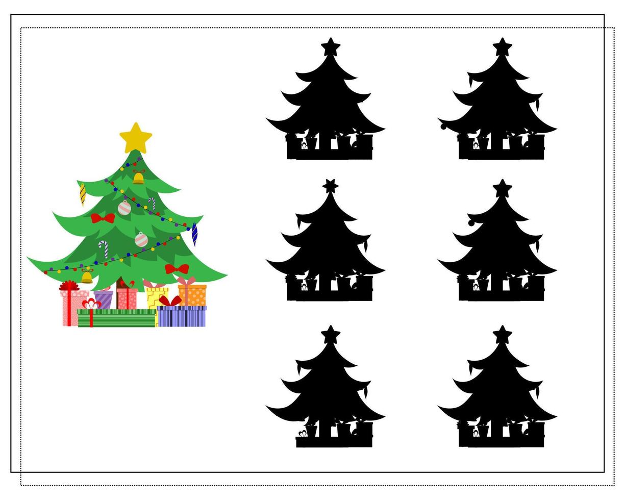 A logical game for children, find the right shadow. Christmas tree and gift boxes. vector
