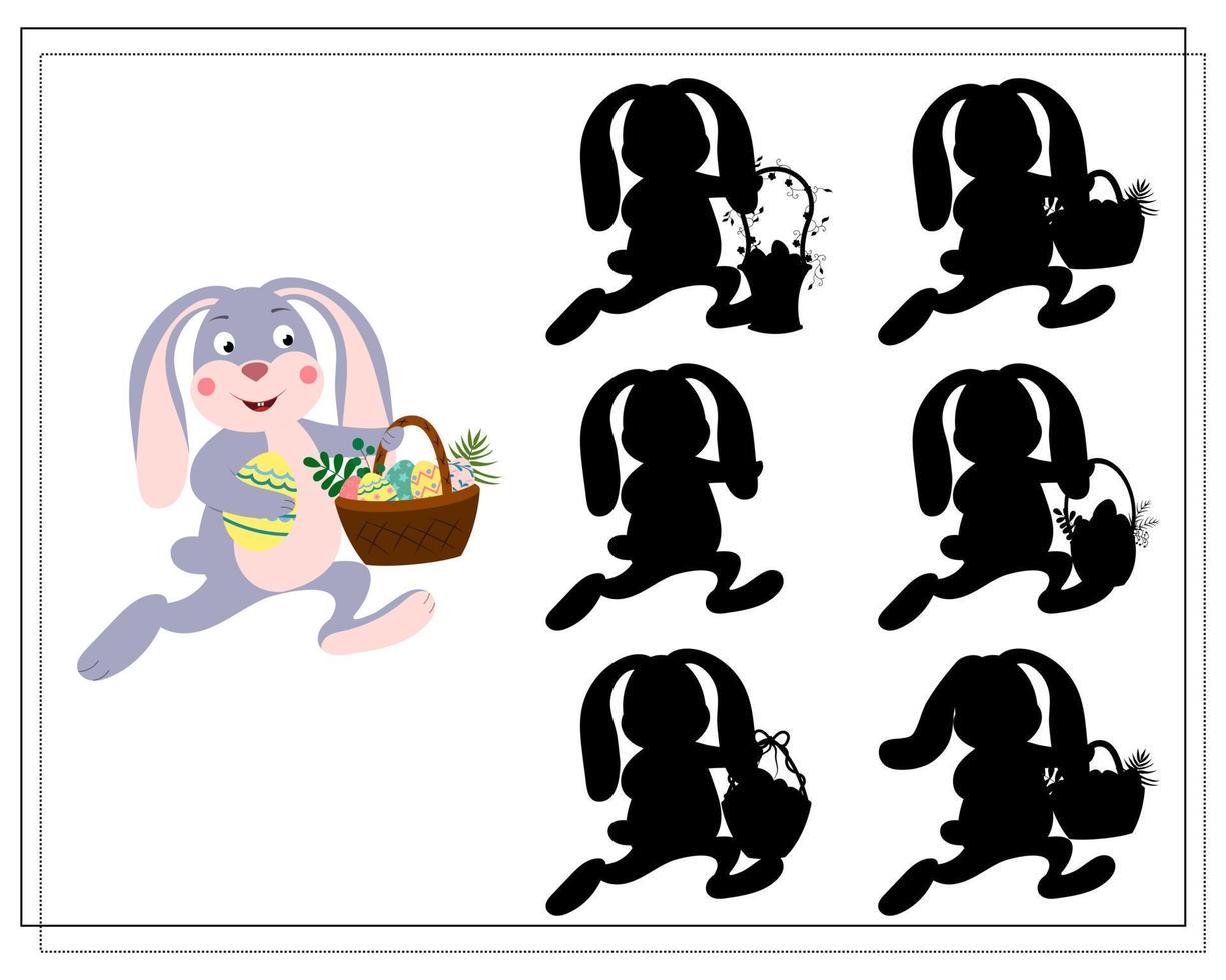 Children's logic game find the right shadow. A hare with a basket of Easter eggs vector