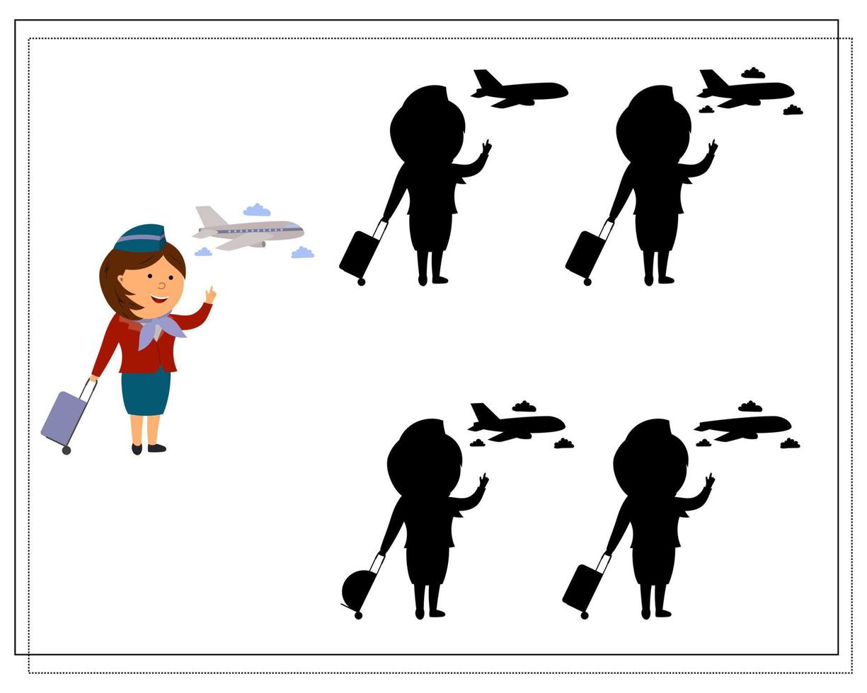 A logic game for kids find the right shadow, a flight attendant and an airplane vector