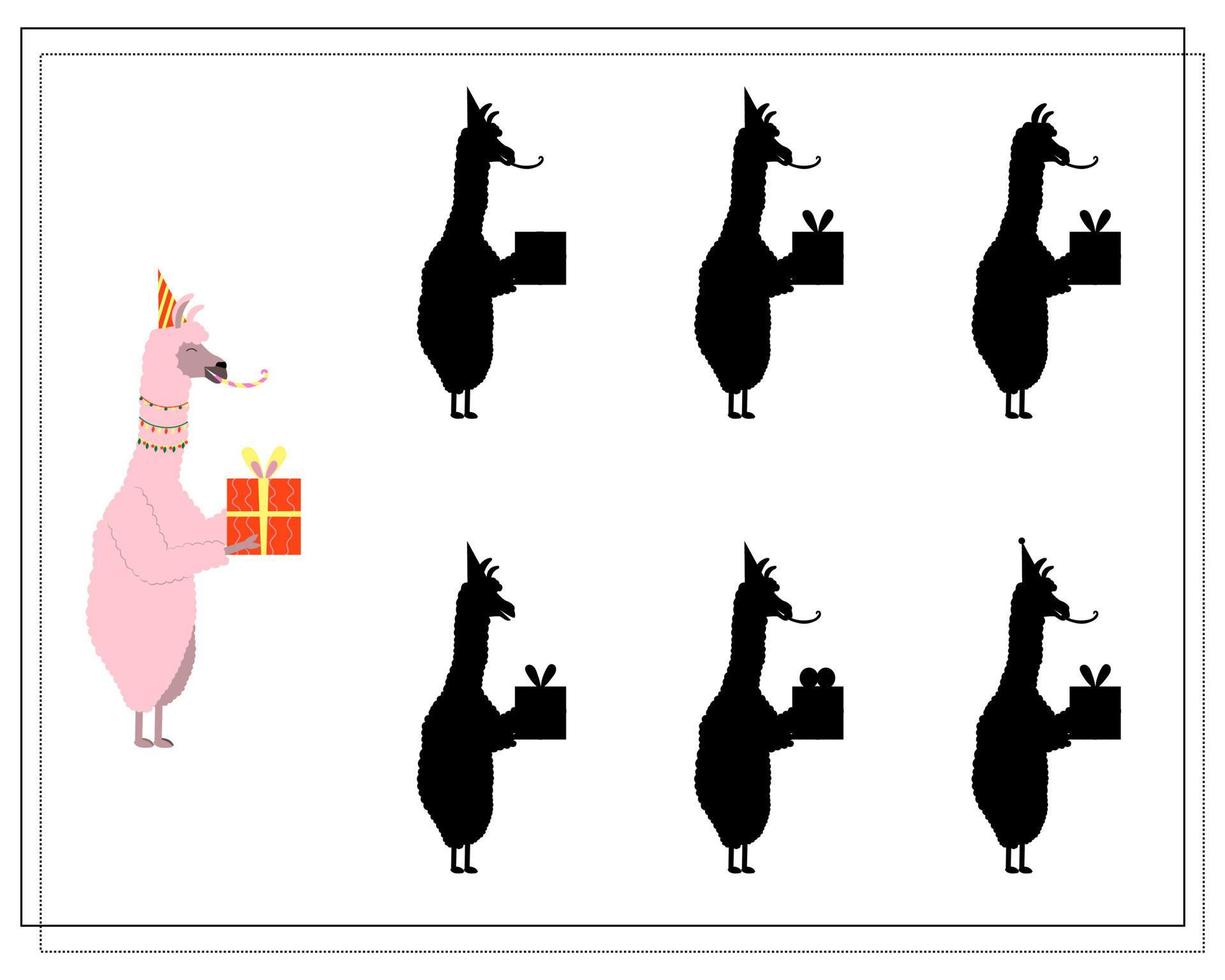 A logical game for children, Find the right shadow. cute cartoon llama with a gift, birthday vector