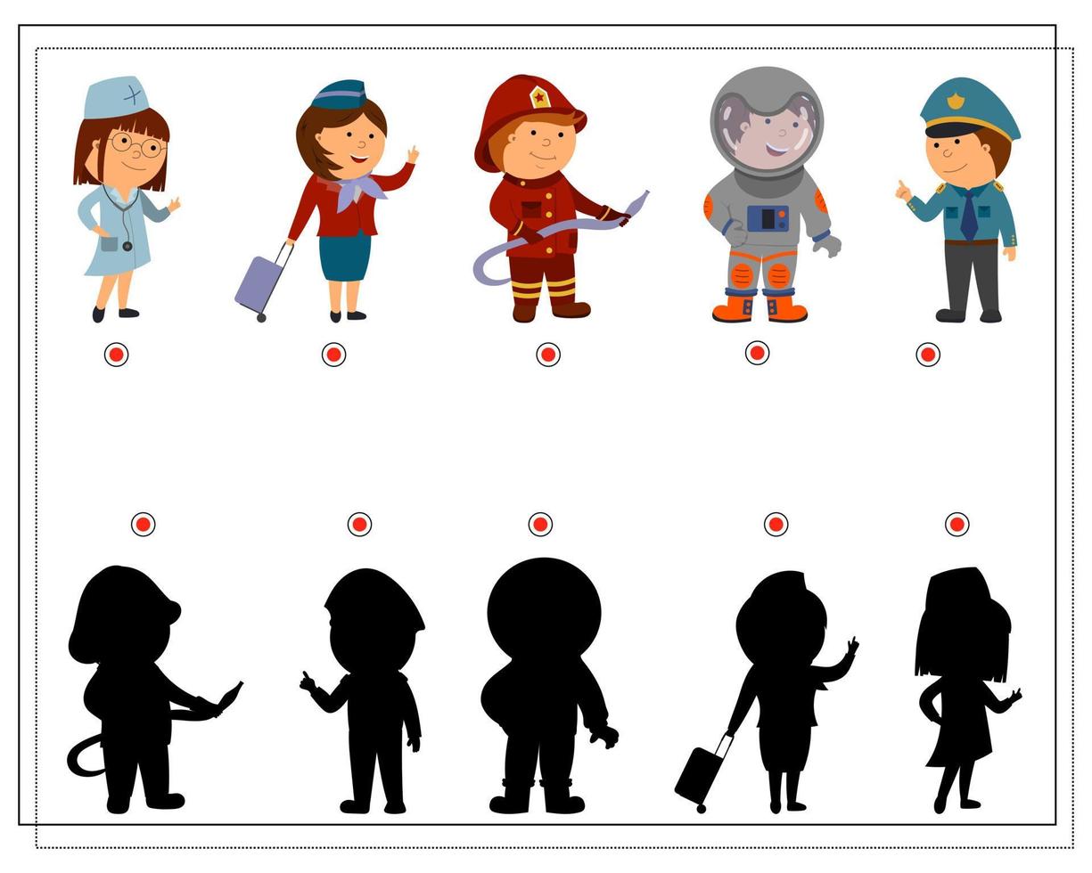 un juego lógico para niños encuentra la sombra correcta, niños de dibujos animados de diferentes profesiones vector