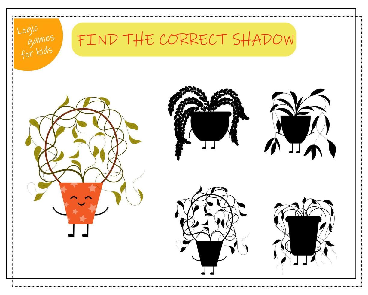 juego de lógica para niños encuentra la sombra correcta, linda flor de dibujos animados en una olla kawaii. vector