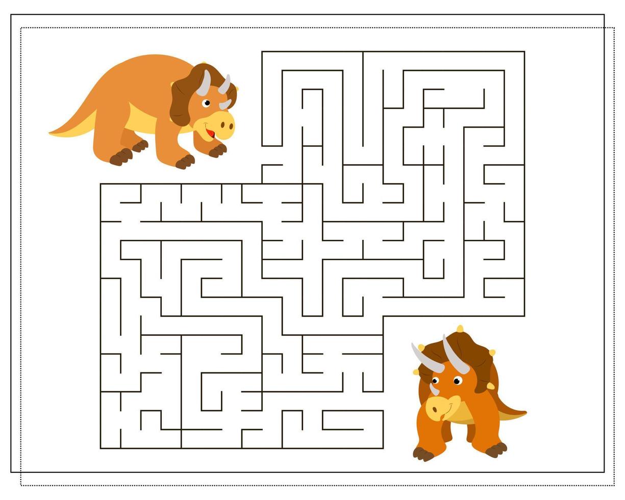 Children's logic game go through the maze. Help the baby triceratops to pass the maze, dinosaurs. vector