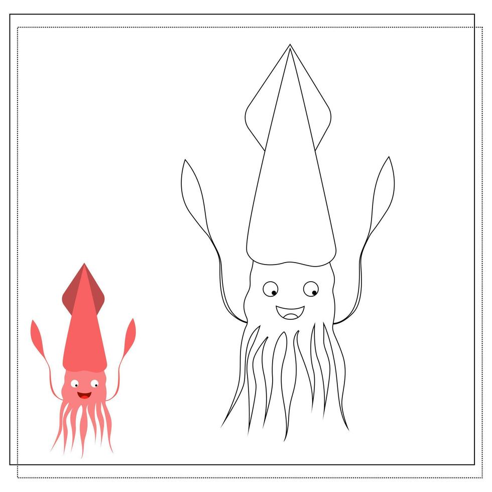 Page of the coloring book, squid. Sketch and color version. Coloring book for kids vector