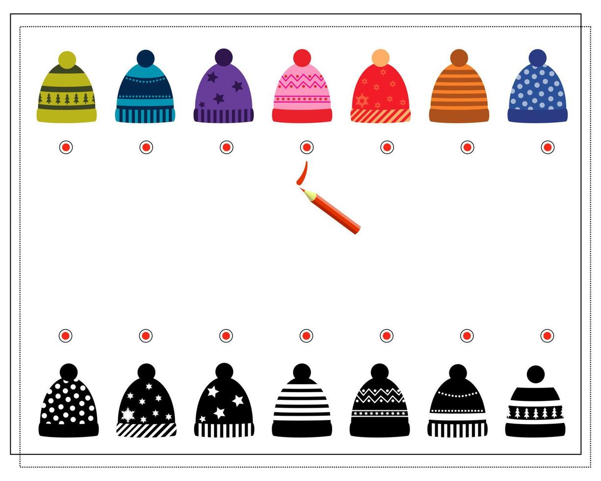 A logical game for children. find the right shade, winter hats with different patterns. vector