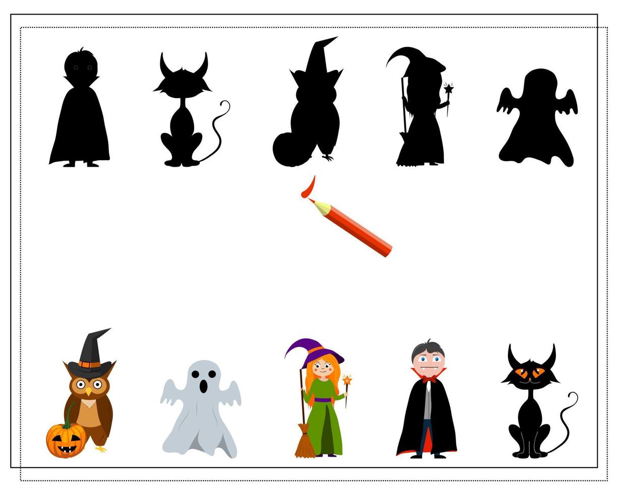 juego para niños encuentra la sombra correcta bruja, búho, fantasma, drácula vector