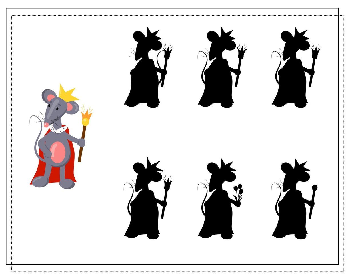 A logical game for children, Find a shadow. cute cartoon rat, rat king vector