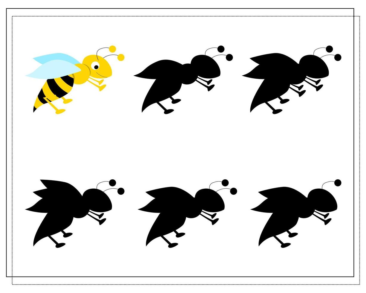 un juego de rompecabezas para niños en edad preescolar. encontrar la sombra correcta. abeja de dibujos animados, avispa. silueta. vector
