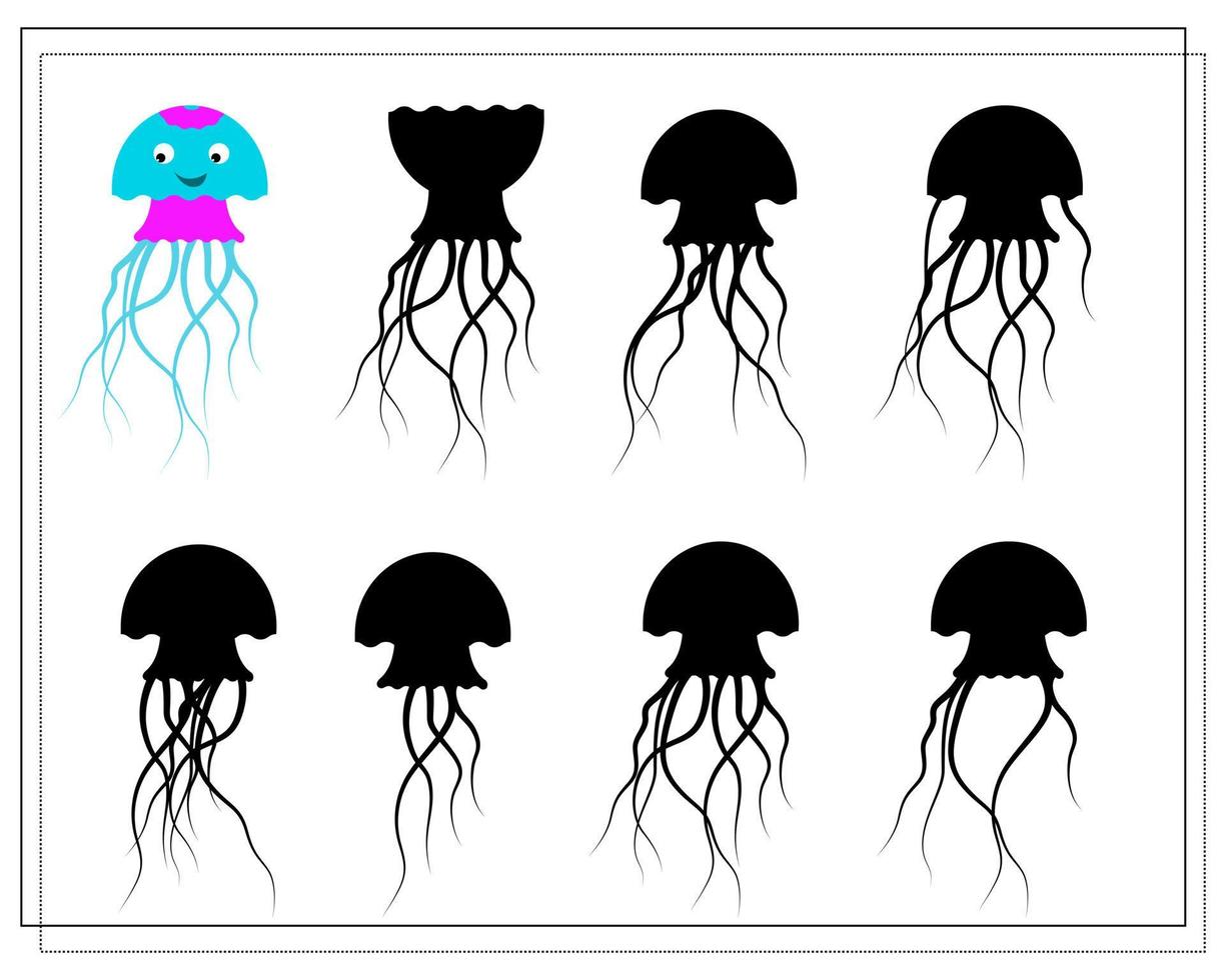 Puzzle game for kids find the right shadow. Choose a shade for the sea creatures jellyfish. vector