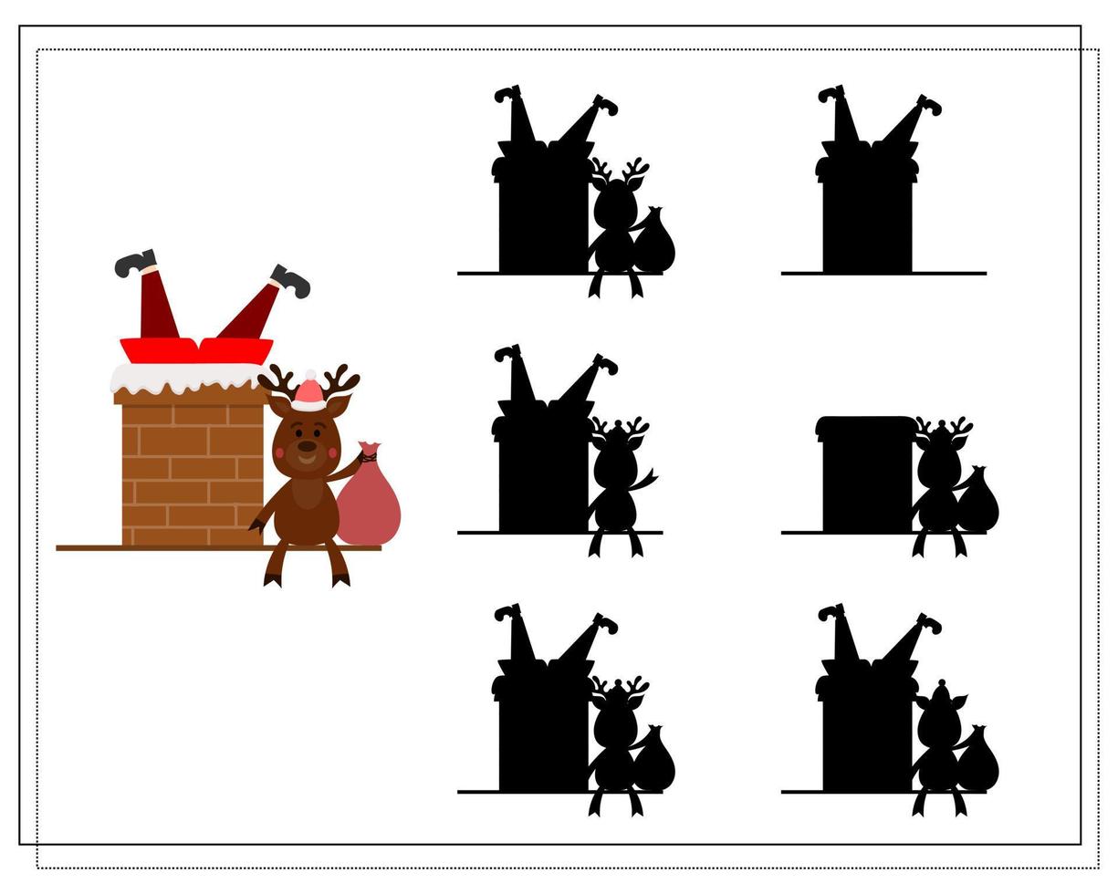 A logical game for children, find the right shadow. cartoon santa is stuck in a pipe vector