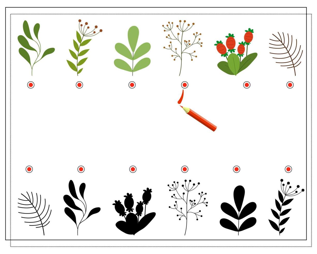 El juego de lógica infantil encuentra la sombra correcta. ramitas de plantas. vector