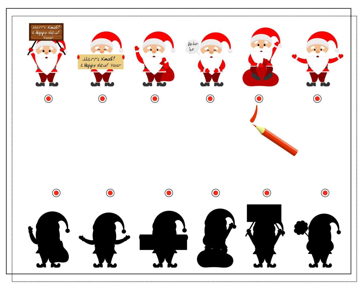 A logical game for children, find the right shadow. cartoon santa is stuck in a pipe vector