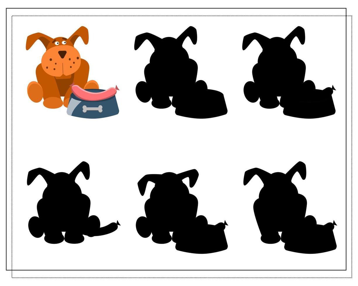 a puzzle game for preschool children. find the right shadow. Dog with a bowl cartoon vector