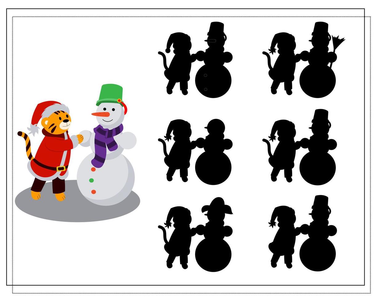 A logical game for children. Find the right shadow. A tiger in a Santa costume makes a snowman. vector