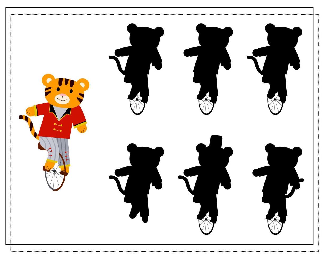 A logical game for children, find the right shadow. a tiger in a circus vector