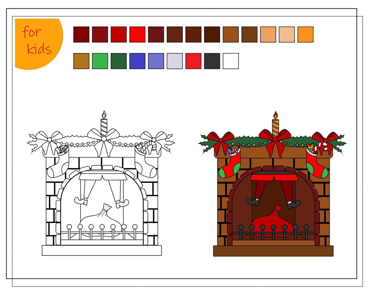 un libro para colorear para niños, una chimenea decorada para navidad y santa está atrapado en la chimenea de la chimenea. vector