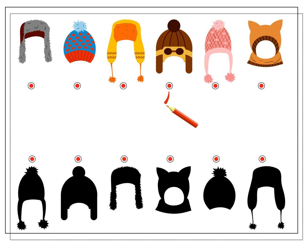 un juego de lógica para los niños. encuentra el tono adecuado, sombreros de invierno de diferentes formas. vector