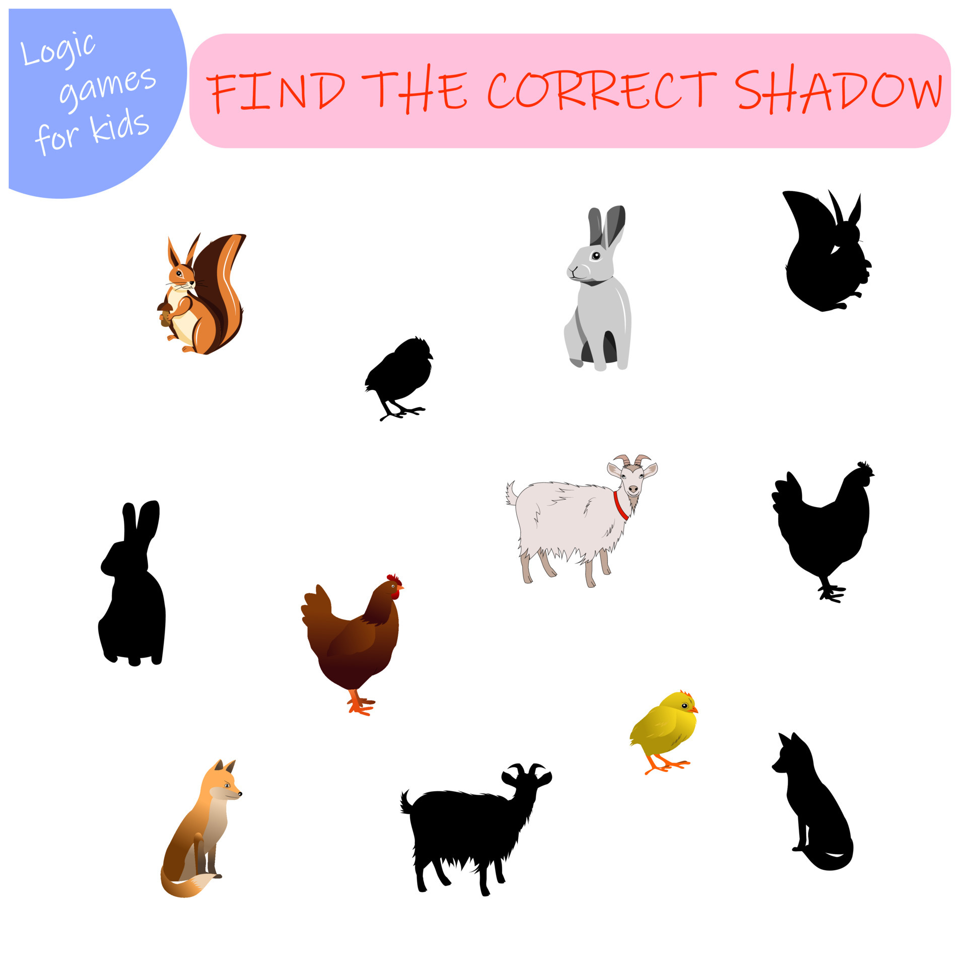 game for kids find the right shade for animals, squirrel, hare, goat, fox,  chicken, chicken 7075105 Vector Art at Vecteezy