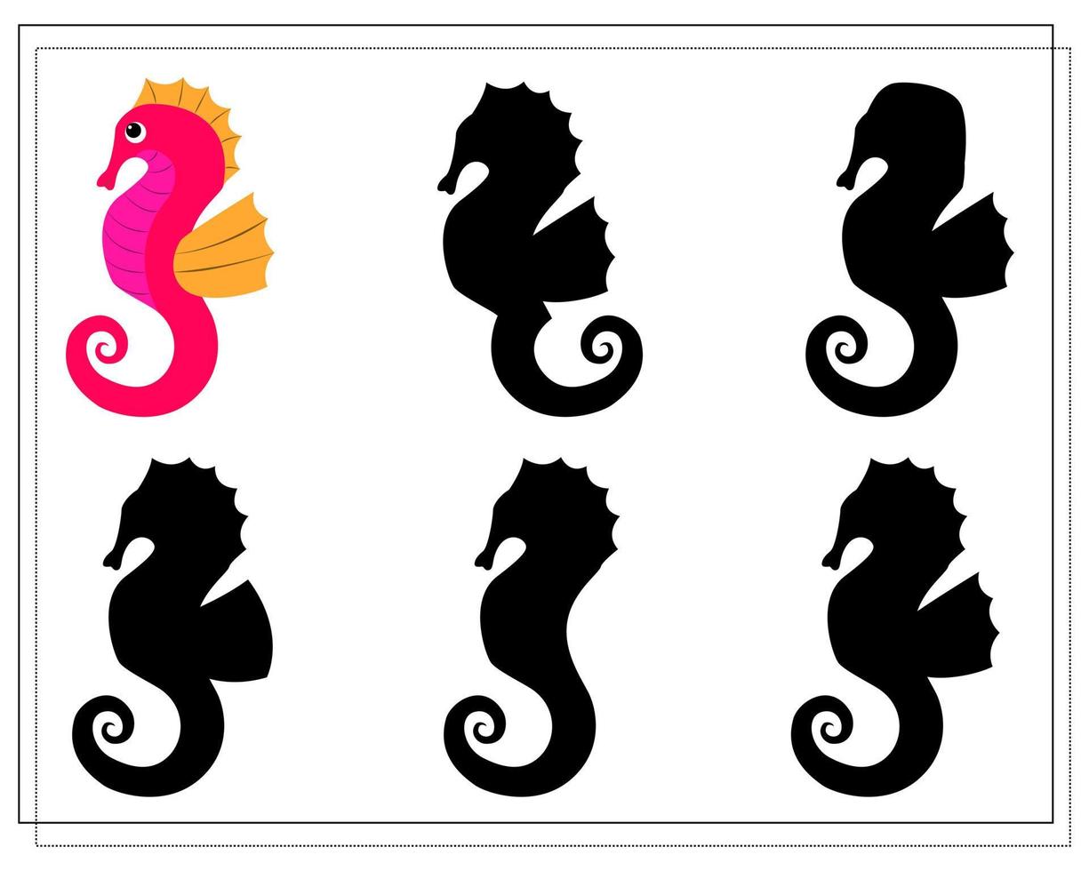 A puzzle game for kids Find the right shadow. Choose a shade for sea creatures, cartoon seahorse vector