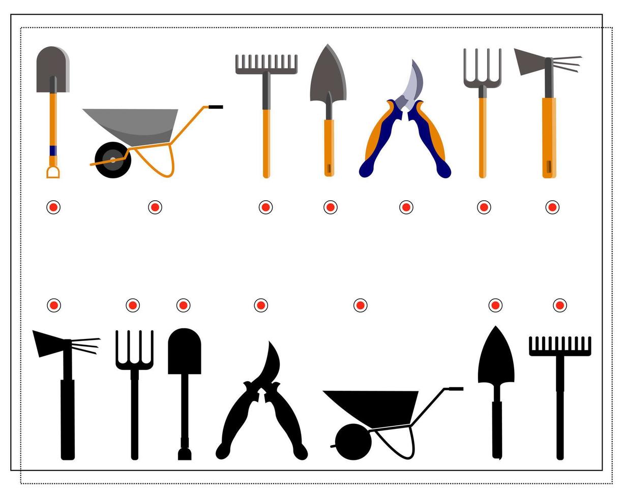 A game for kids, find the right shade for garden tools vector