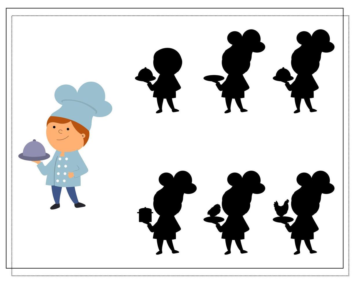 A logical game for kids find the right shadow, cook in the kitchen vector