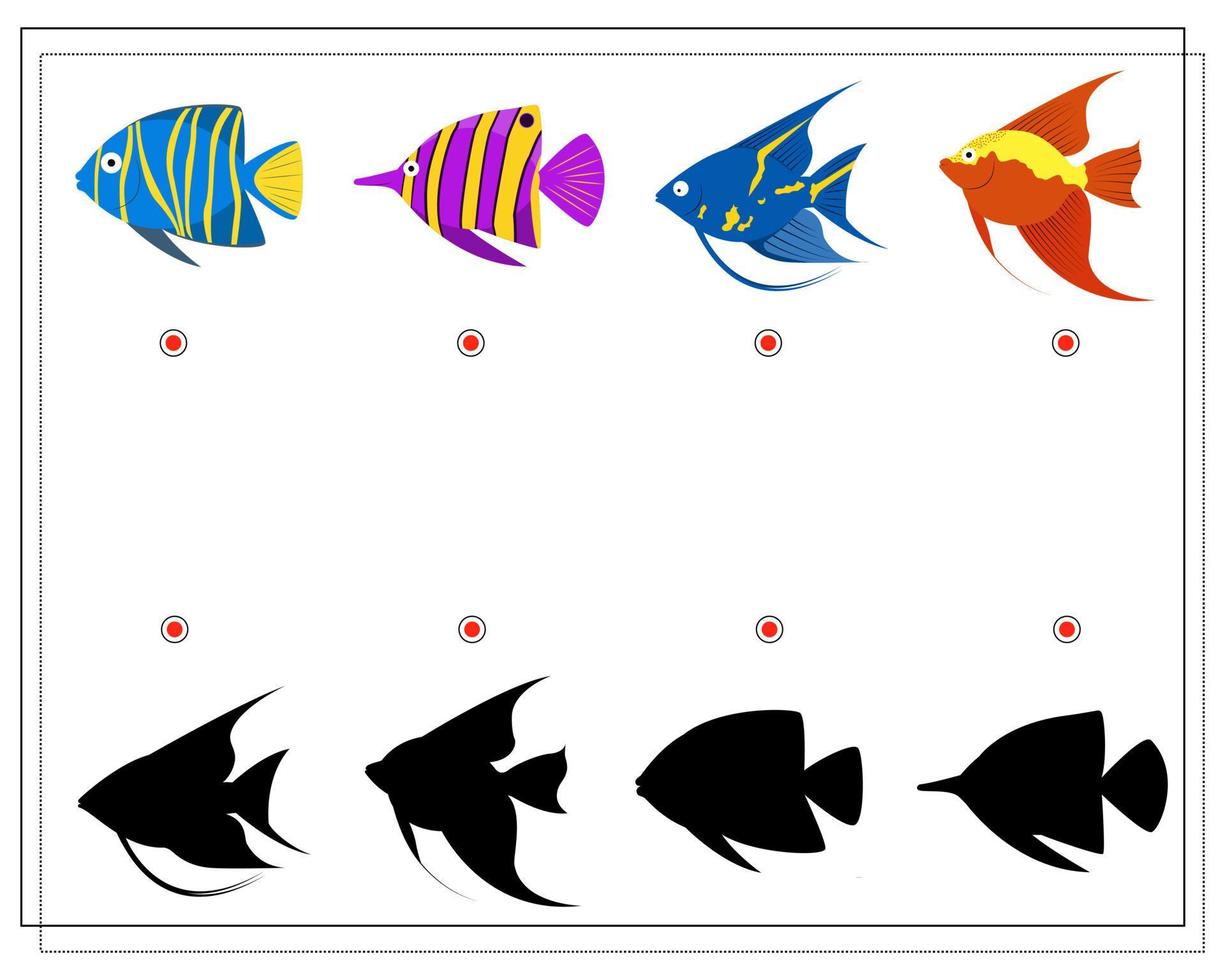 puzzle game for kids find the right shadow, sea fish vector