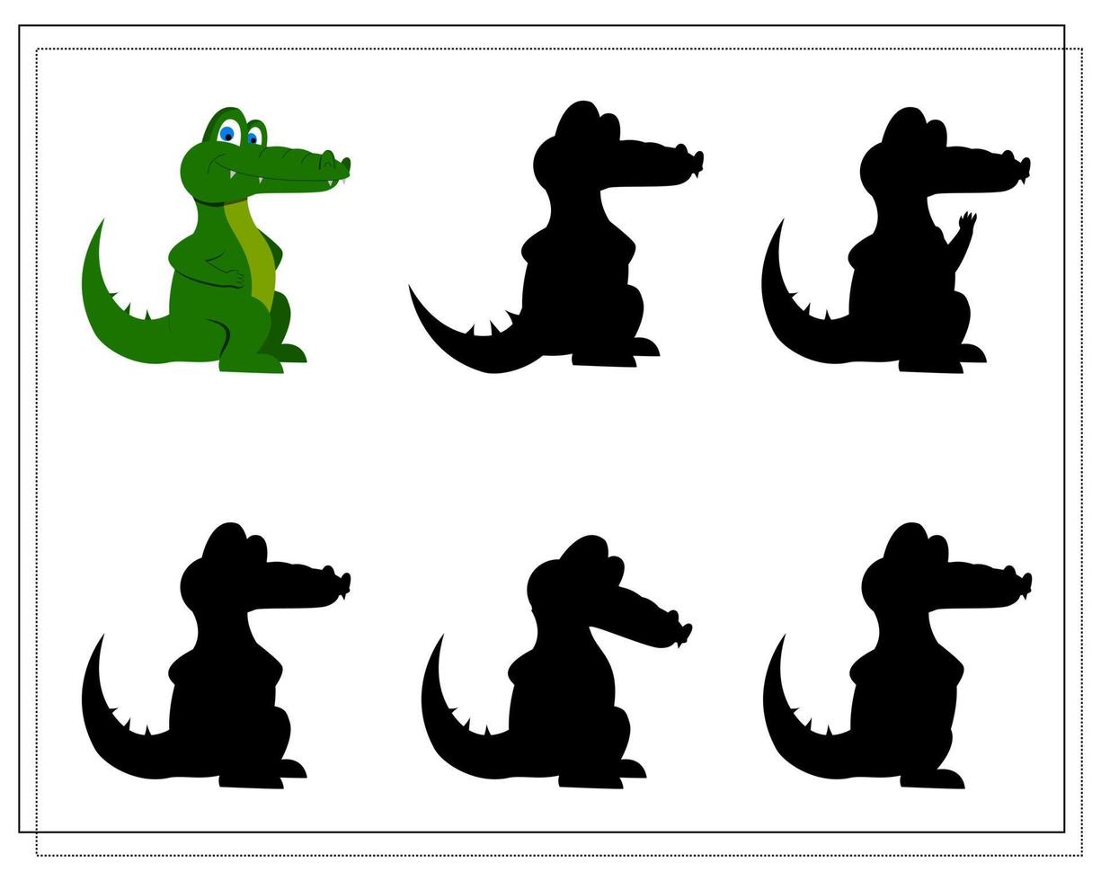 un juego de rompecabezas para niños en edad preescolar. encontrar la sombra correcta. caricatura de cocodrilo. silueta. vector