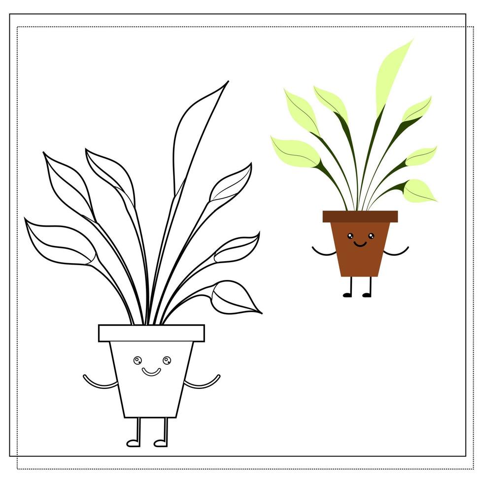 Coloring book for children. Paint a cute cartoon flower in a pot based on the drawing vector