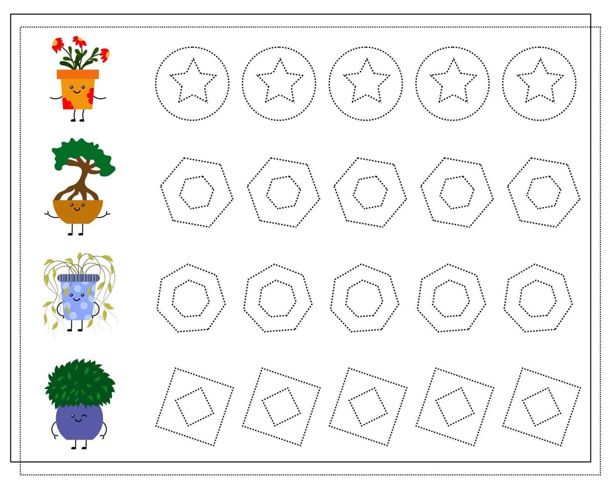 A handwriting learning game for kids, point to point. Cute cartoon kawaii flower pots vector