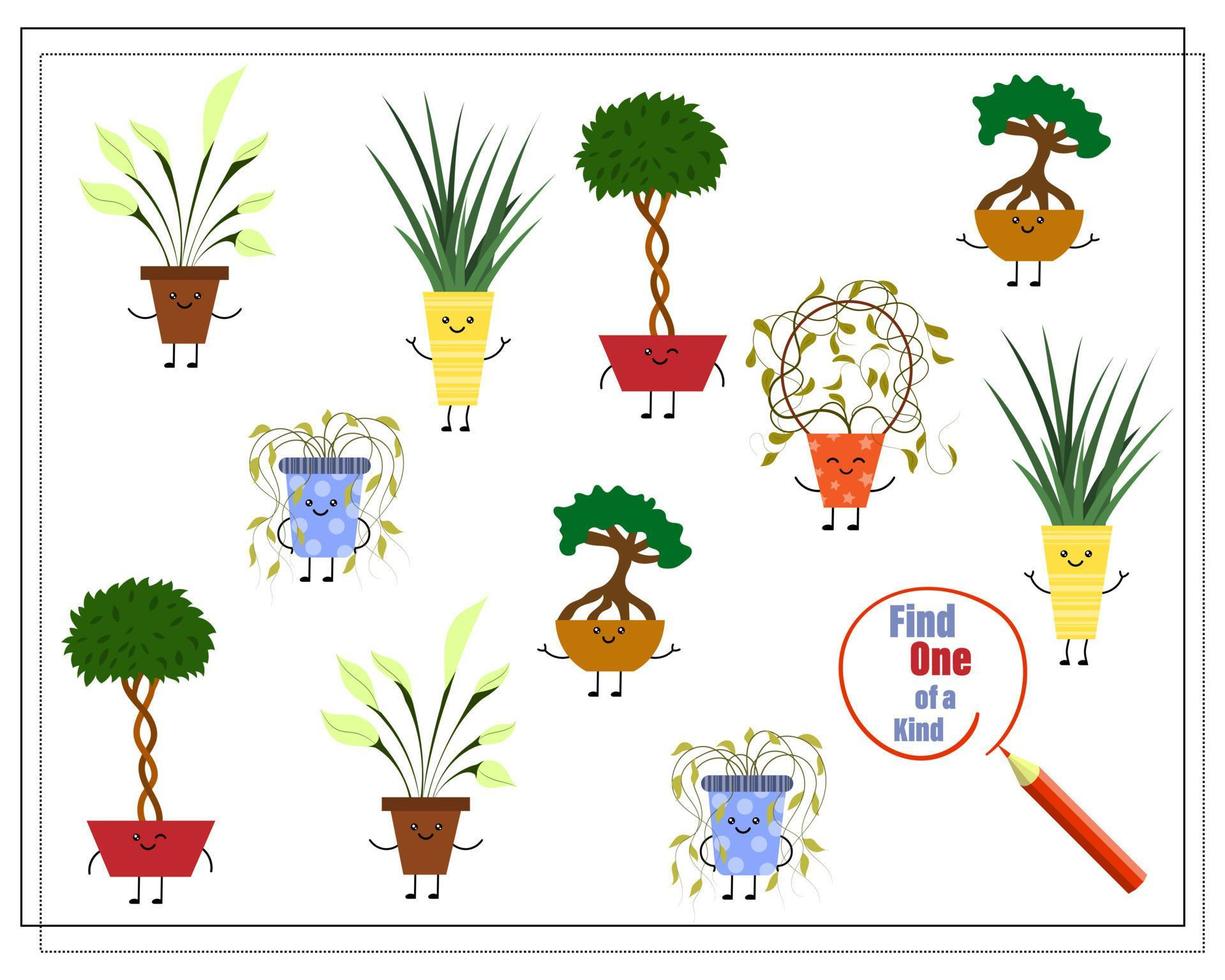 A puzzle game for kids, find the one of a kind. Cute cartoon flowers in kawaii pots. vector