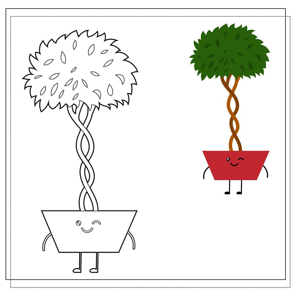Coloring book for children. Paint a cute cartoon flower in a pot based on the drawing vector