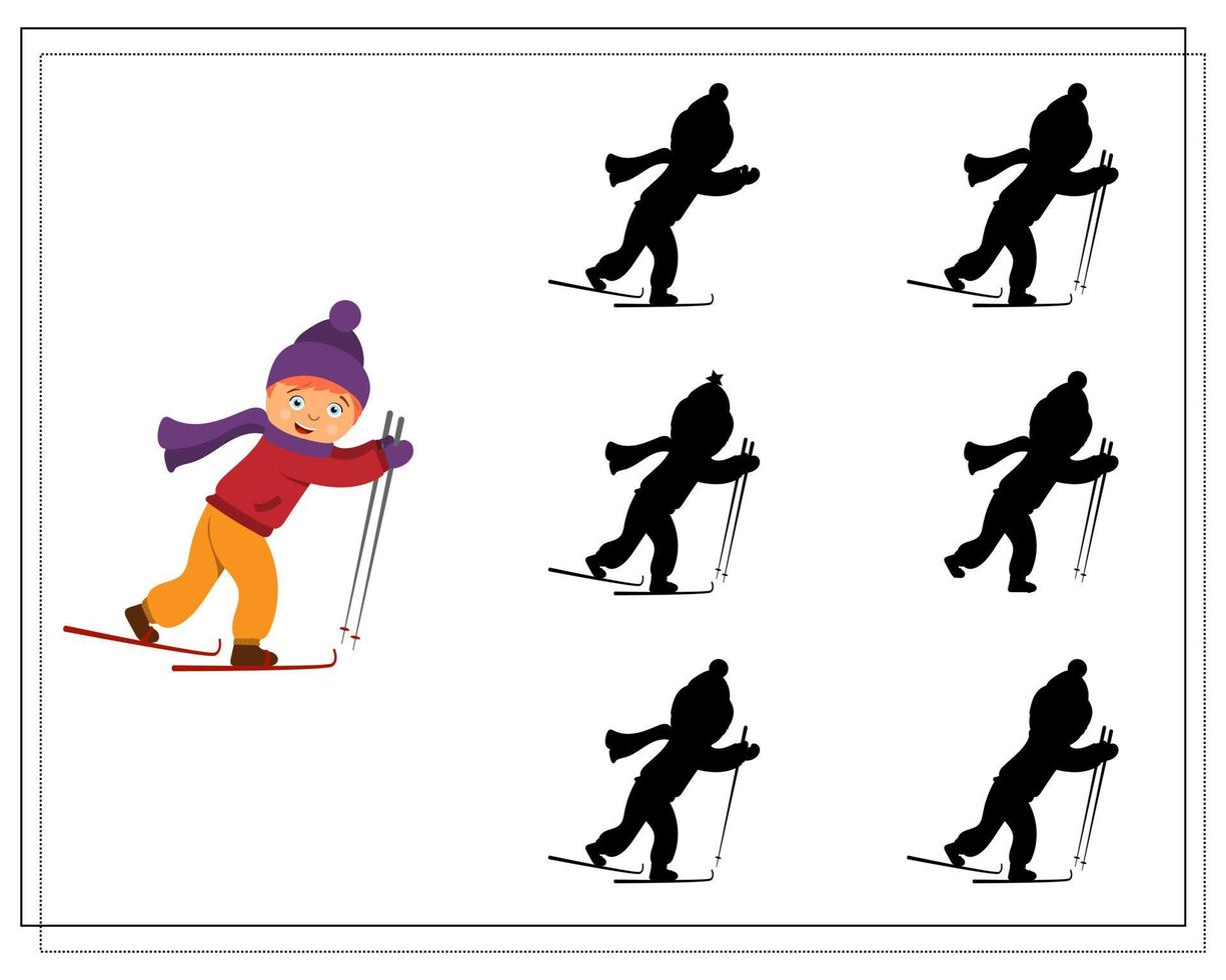 Puzzle game for kids find the right shadow, cute cartoon kids playing snowballs vector