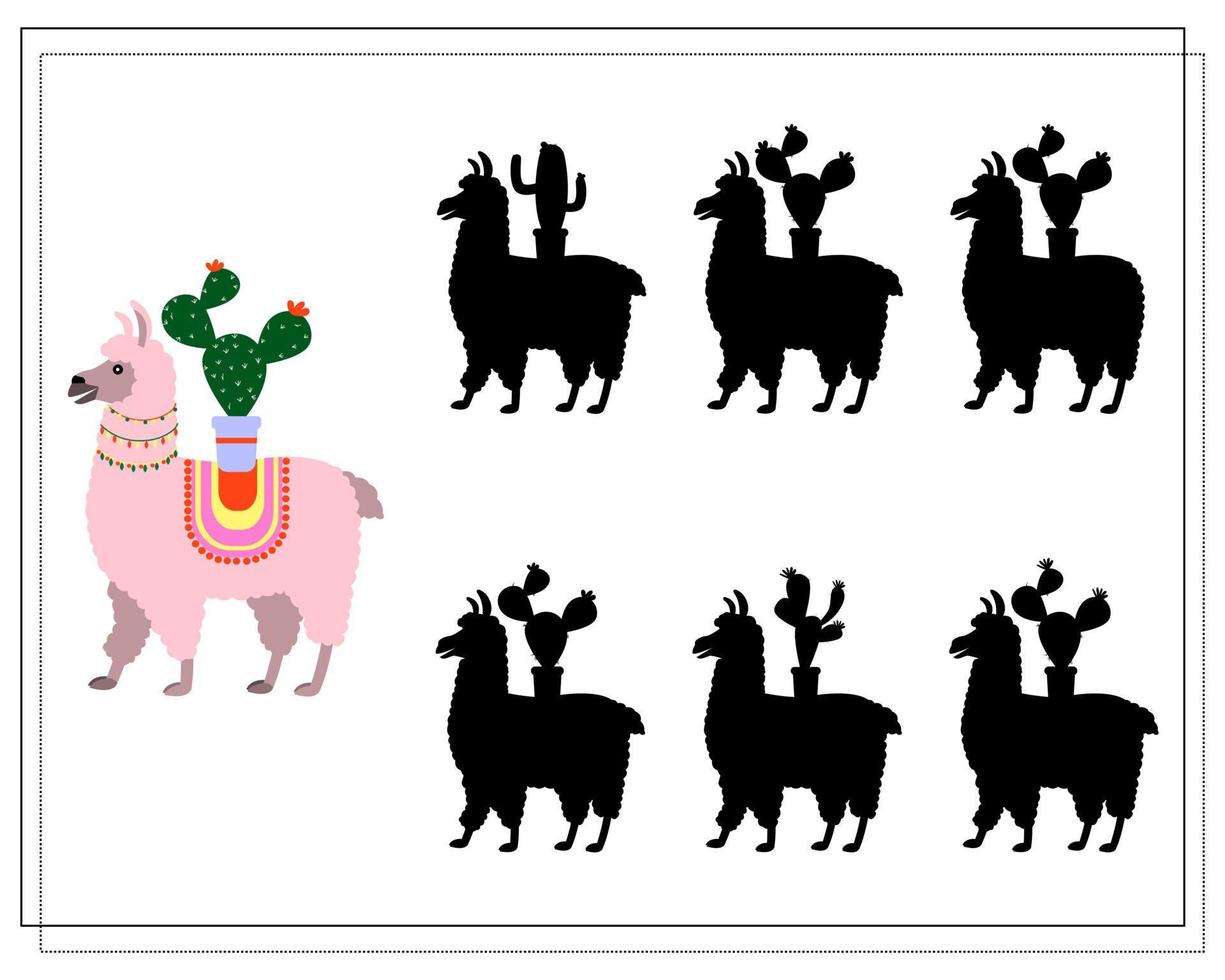 A logical game for children Find the right shadow . cute cartoon llama with a cactus vector