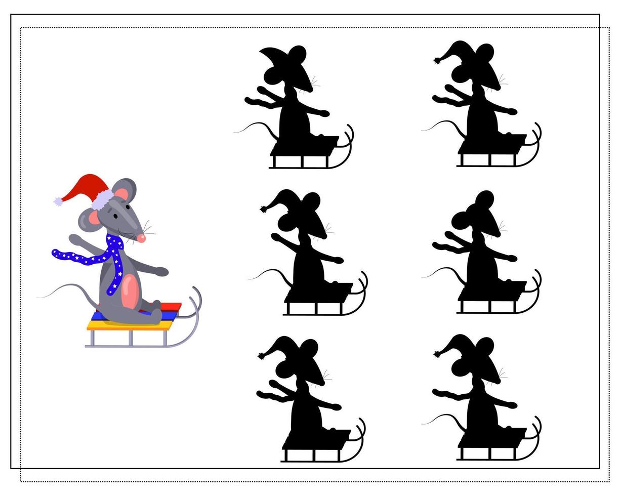 A logical game for children, Find a shadow. a cute cartoon rat rides on a sled vector