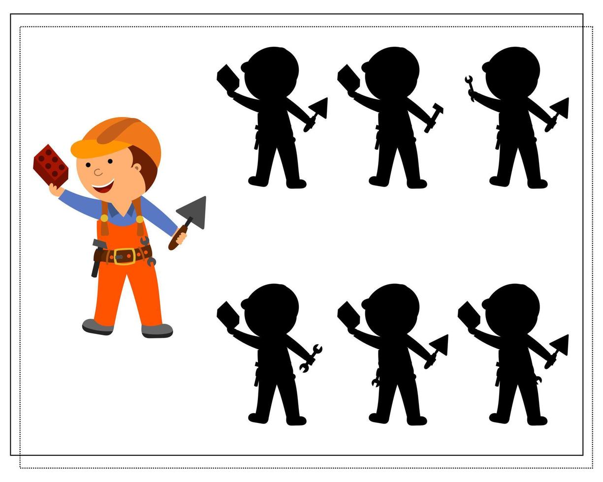 A logic game for kids find the right shadow, a builder builds a wall. vector